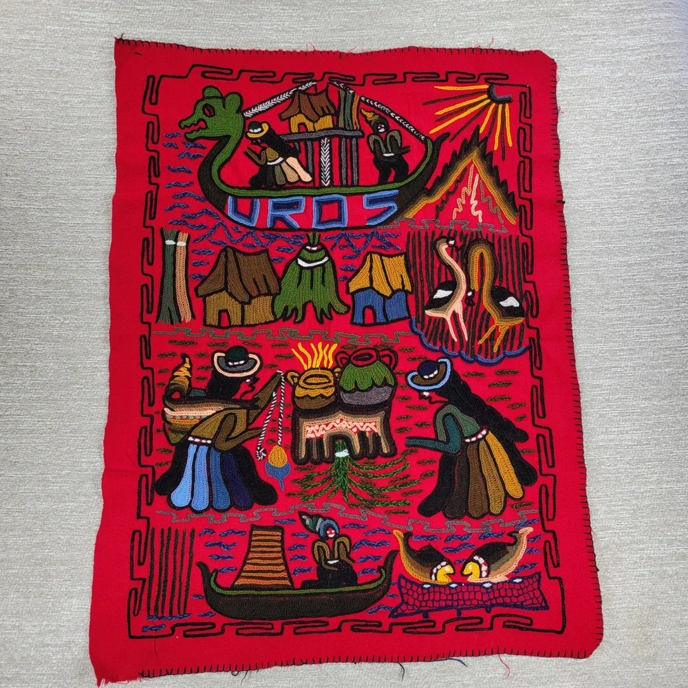 Vintage Peruvian Hand Sewn Folk Art Storyboard Tapestry 36x28 Fabric Wool Yarn